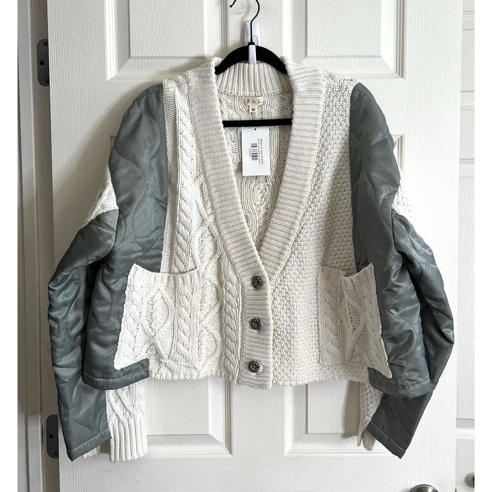 POL Naomi Cable Knit Mixed Media Boxy Grandpa Cardigan Jacket Sz M NWT - Picture 2 of 15